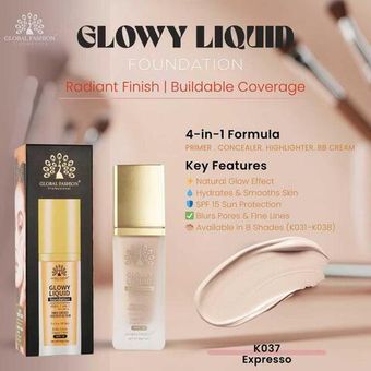 Тональная основа Global Fashion, Glowy Liquid Foundation 4in1:Primer+Concealer+Highlighter+BB cream, SPF 15, 37