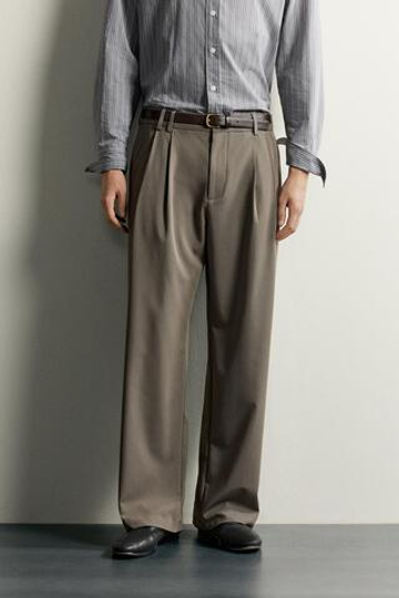 ZARA БРЮКИ WIDE FIT СО СКЛАДКАМИ, СЕРО-КОРИЧНЕВЫЙ