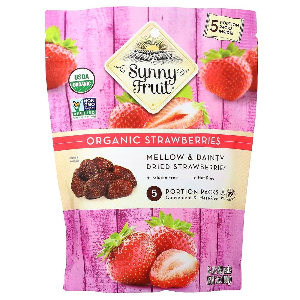 Sunny Fruit, органическая сушеная клубника, 5 порционных пакетиков по 20 г (0,7 унции)