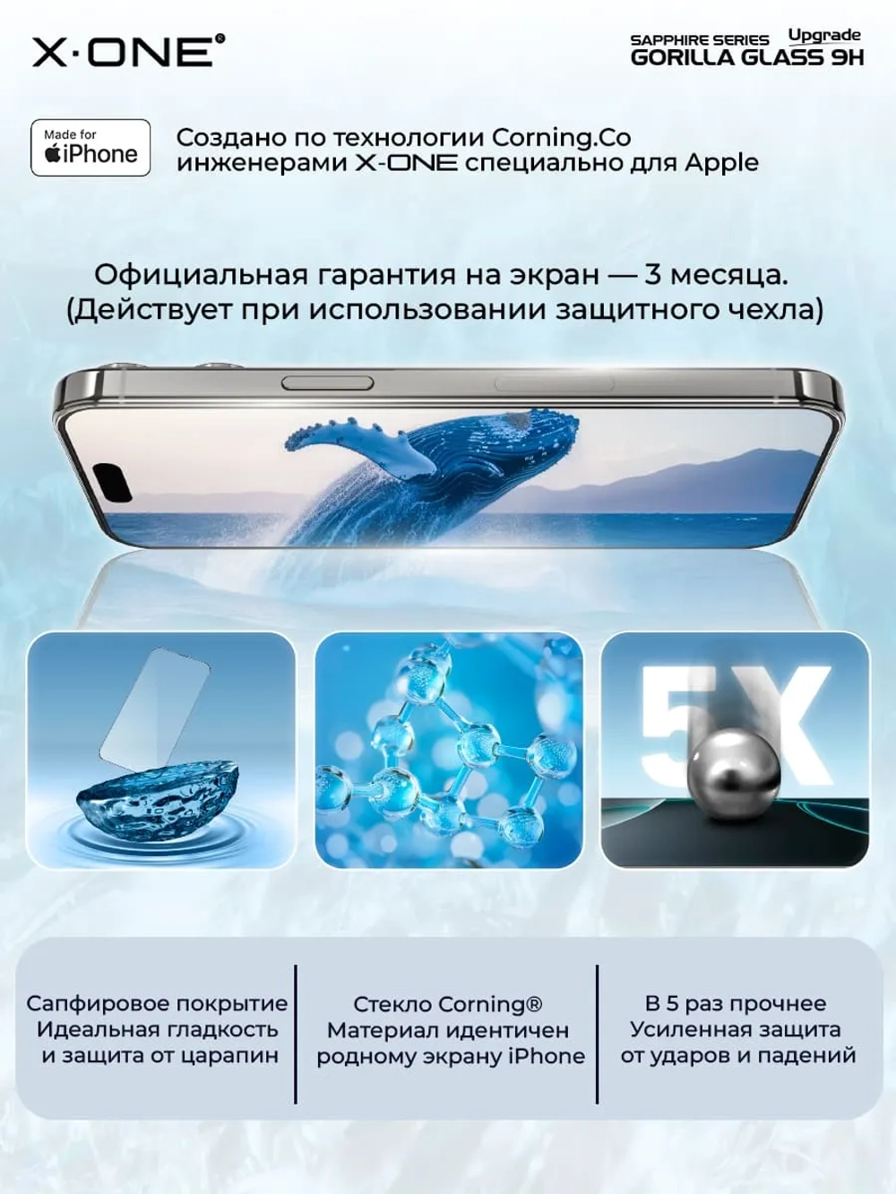 Сапфировое стекло iPhone 15 Pro Max X-ONE Sapphire 9H (upgrade) / фильтр динамика / установочный аппликатор