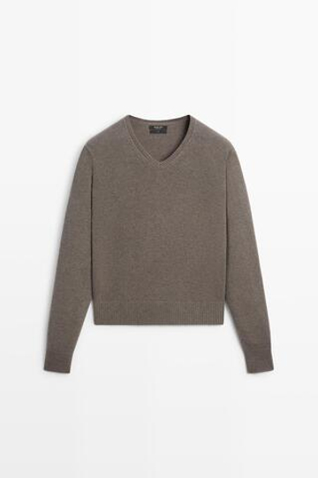Massimo Dutti Свитер из 100% шерсти с V-образным вырезом, кротово-коричневый
