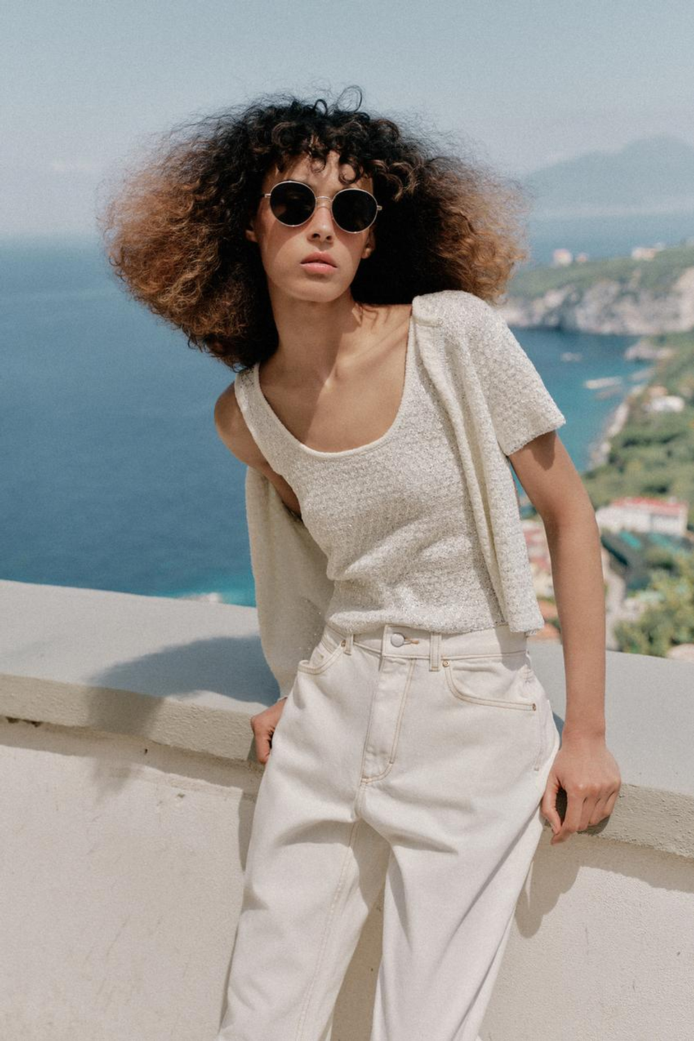 ZARA ТРИКОТАЖНЫЙ ТОП С ПАЙЕТКАМИ И БЛЕСТЯЩЕЙ НИТЬЮ, ЭКРЮ