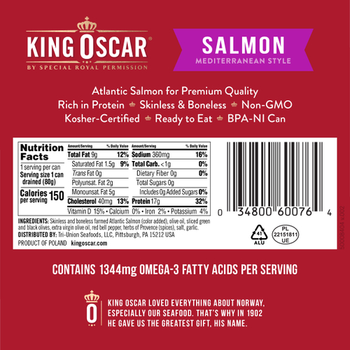 King Oscar, лосось без кожи и костей, в оливковом масле, средиземноморский вкус, 115 г (4,05 унции)