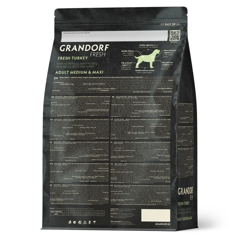 Сухой корм GRANDORF Fresh Dog Adult Med&Maxi Turkey&Sweet Potato для собак средних и крупных пород из свежего мяса индейки с бататом