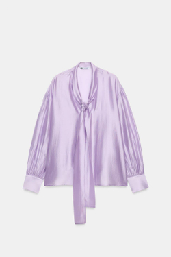 ZARA АТЛАСНАЯ РУБАШКА С ПЛАТКОМ — ZW COLLECTION, ЛИЛОВЫЙ