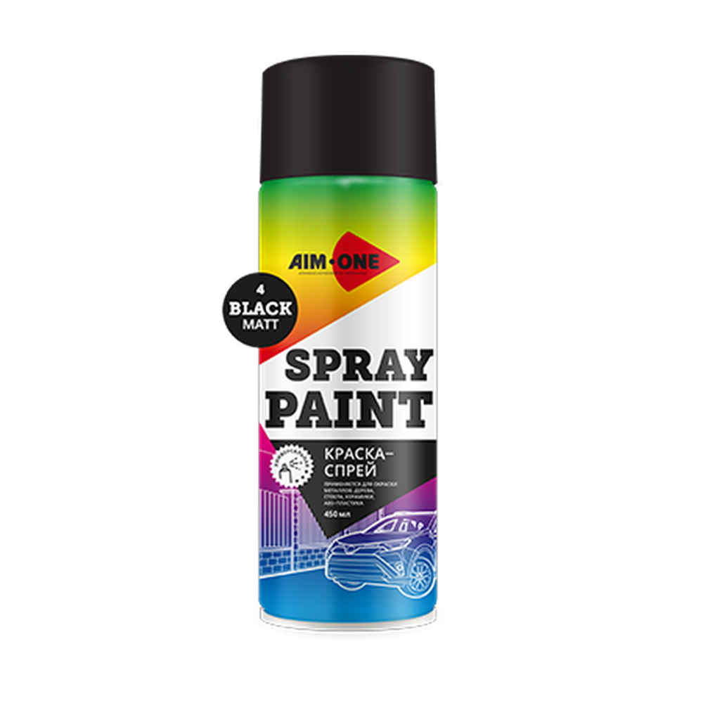 Акриловая Краска-спрей RAL-9005LM, чёрный матовый, AIM-ONE 600 мл. Acryl Spray paint black matt