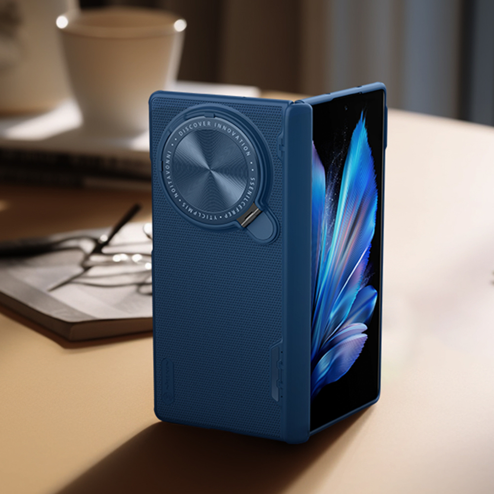 Чехол синего цвета от Nillkin с металлической откидной крышкой для камеры на Vivo X Fold 3 Pro, серия Super Frosted Shield Prop
