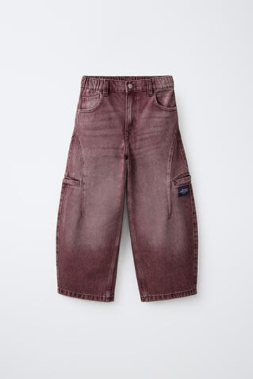 ZARA БРЮКИ BARREL КАРГО С НАШИВКОЙ, БАКЛАЖАННЫЙ