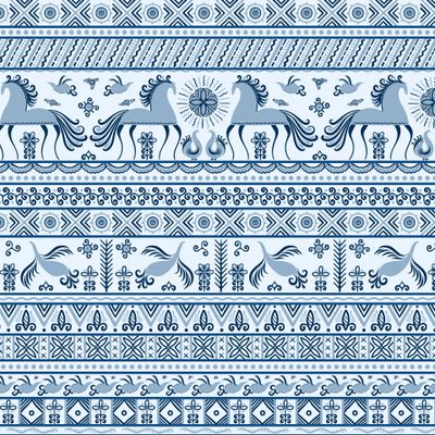 Лошади, птицы, солнце, цветы. Мезенская роспись в голубых тонах. (Дизайнер Irina Skaska)