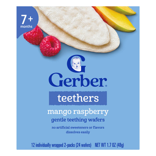 Gerber, вафли для прорезывания зубов, для детей от 7 месяцев, манго и малина, 12 пакетиков в индивидуальной упаковке по 2 пакетика по 4 г (0,14 унции)