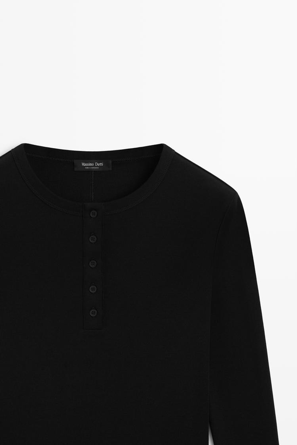 Massimo Dutti Футболка с воротником на пуговицах и длинными рукавами из 100% хлопка, черный