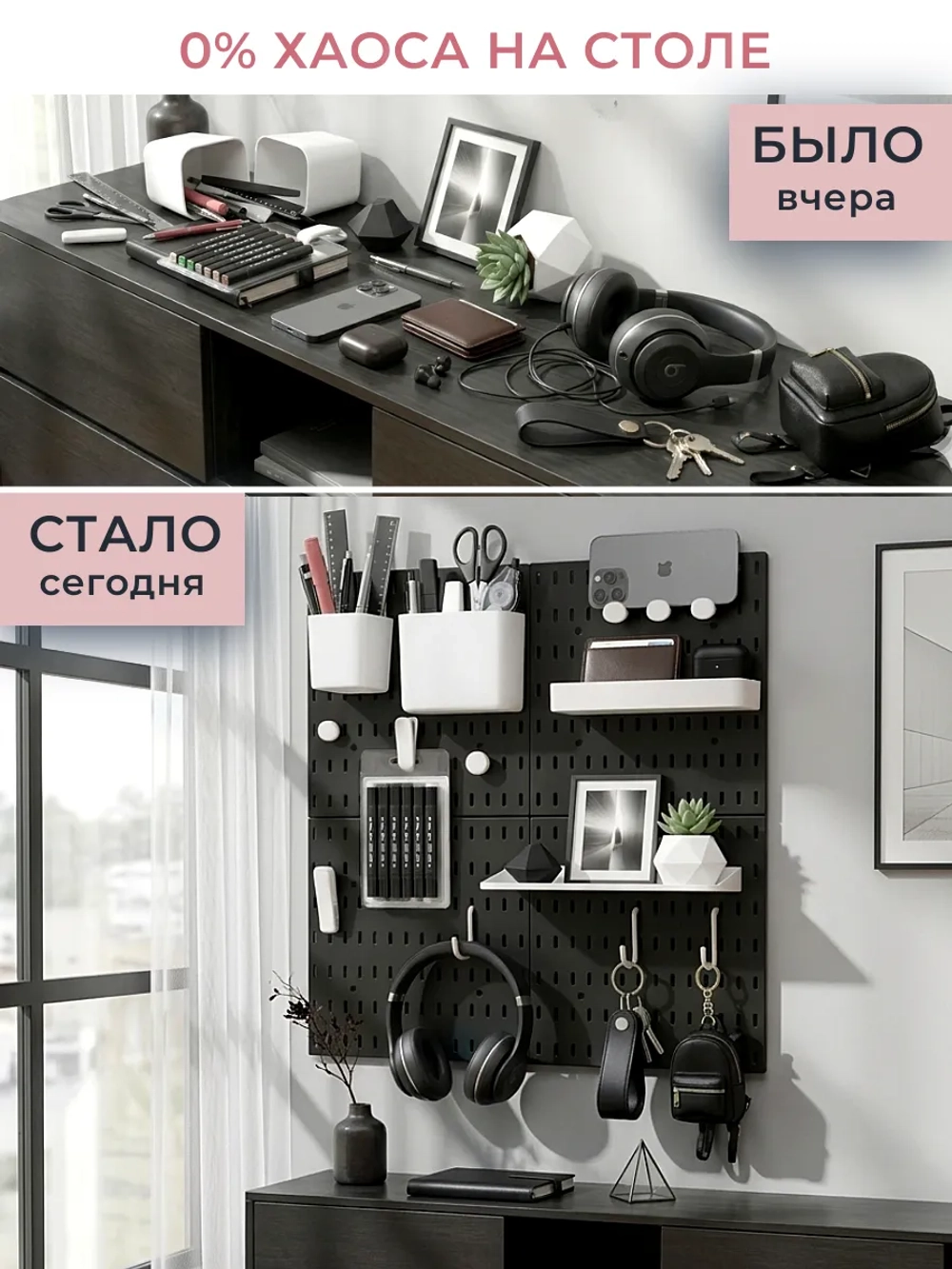 Настенный органайзер для канцелярии Черный пегборд