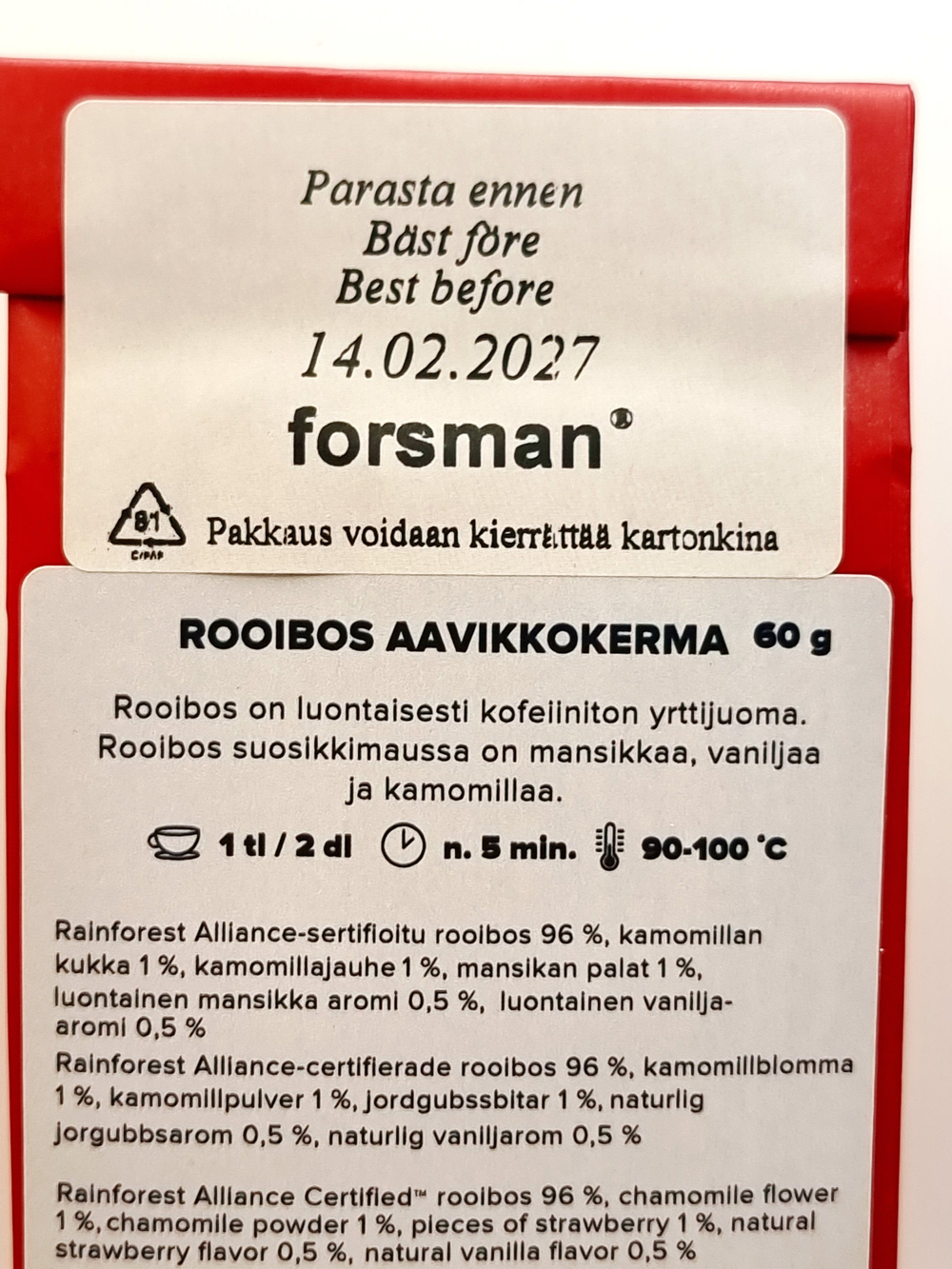 FORSMAN Чай ройбуш Aavikkokerma Крем десерт (клубника, ваниль, ромашка) 60 г (из Финляндии)