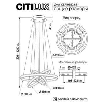 Подвесная люстра с пультом 145W 3000-5500K CL719651 чёрный Дуэт Citilux