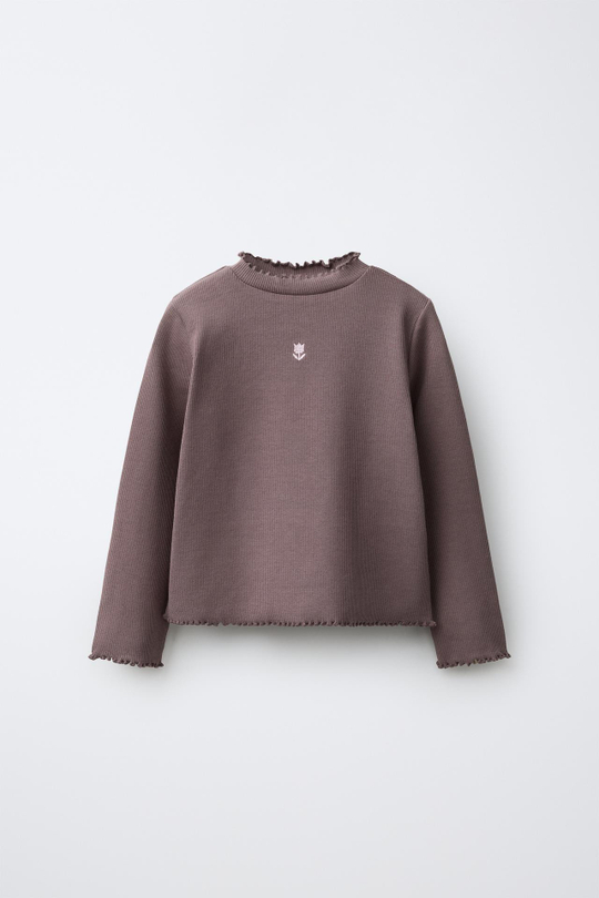 ZARA ФУТБОЛКА В РУБЧИК С ВЫШИВКОЙ, БАКЛАЖАННЫЙ
