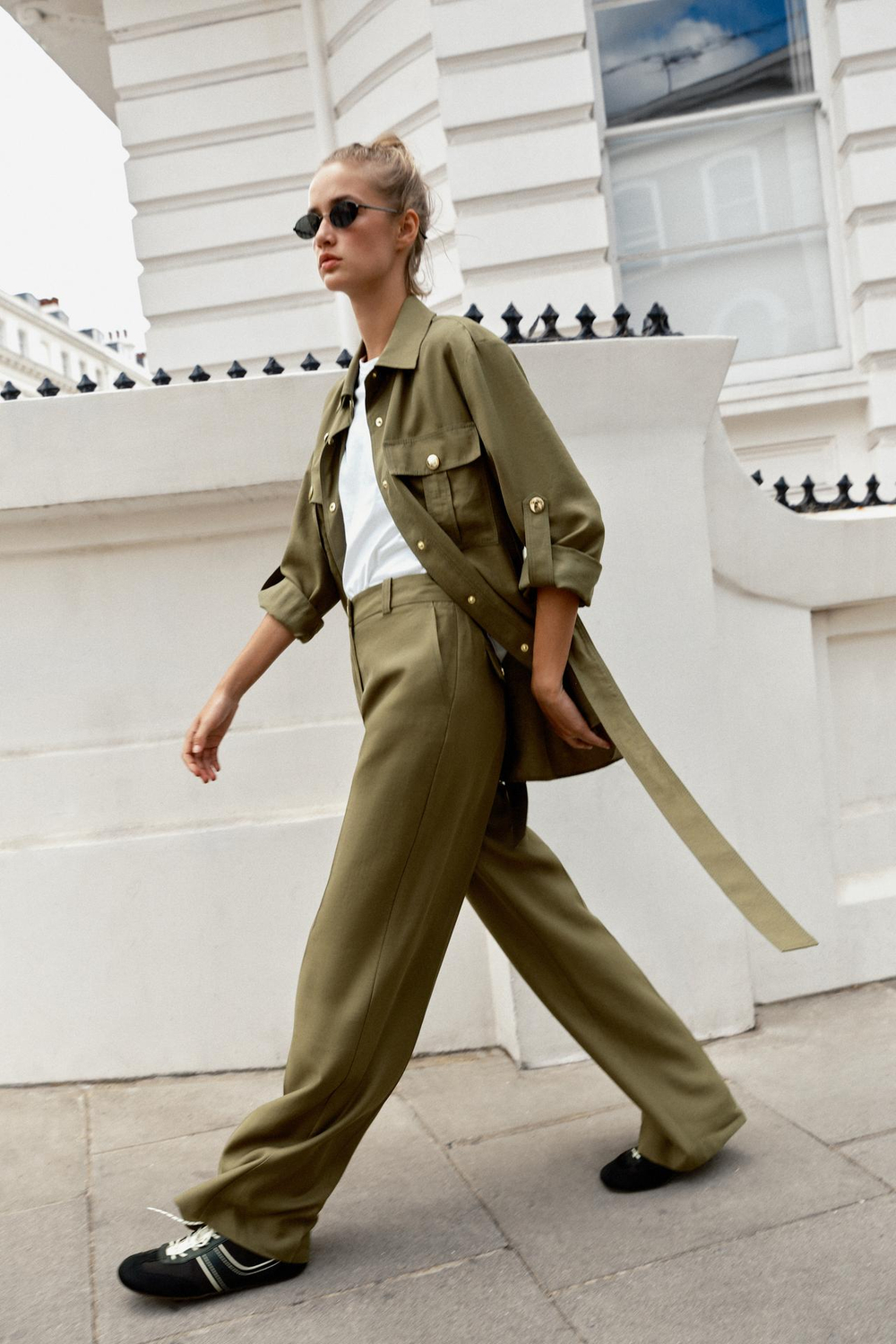 ZARA БРЮКИ ПРЯМОГО КРОЯ С ВЫСОКОЙ ПОСАДКОЙ, ХАКИ