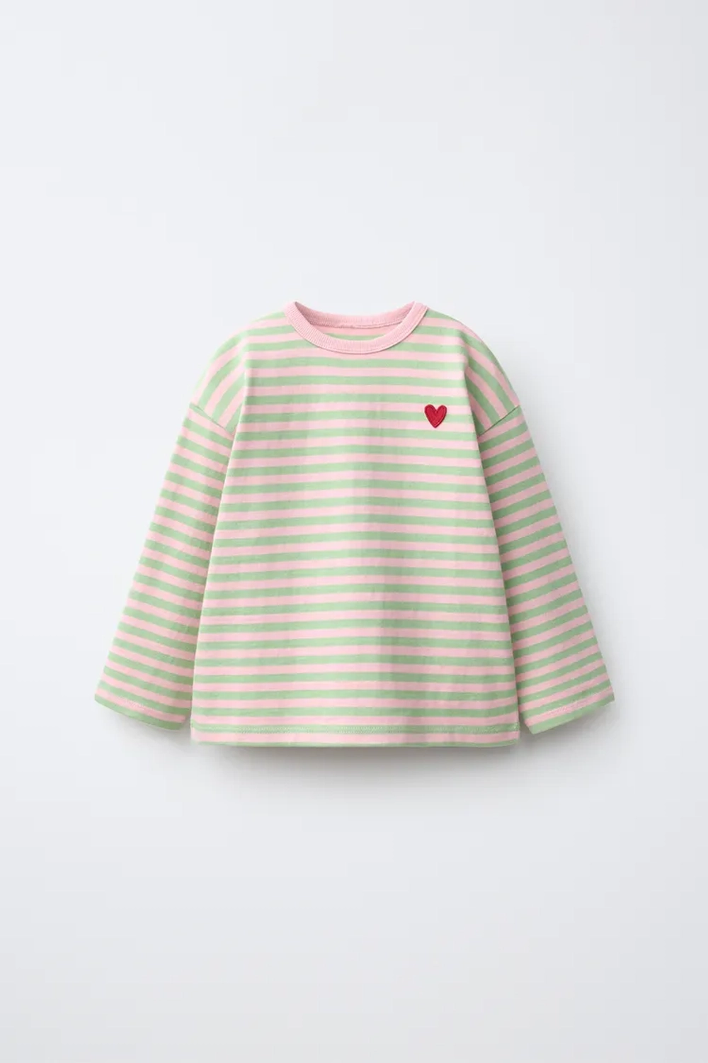 ZARA ЛОНГСЛИВ В ПОЛОСКУ С ВЫШИВКОЙ «СЕРДЦЕ», МЯГКИЙ ЗЕЛЕНЫЙ