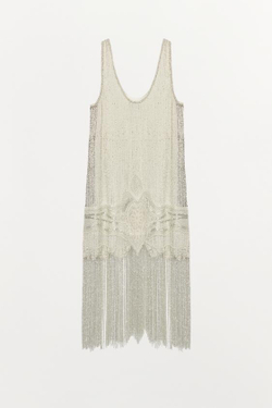 ZARA ПЛАТЬЕ С БРЕТЕЛЯМИ, БУСИНАМИ И БАХРОМОЙ — ZW COLLECTION, ЖЕМЧУЖНЫЙ/БЕЖЕВЫЙ