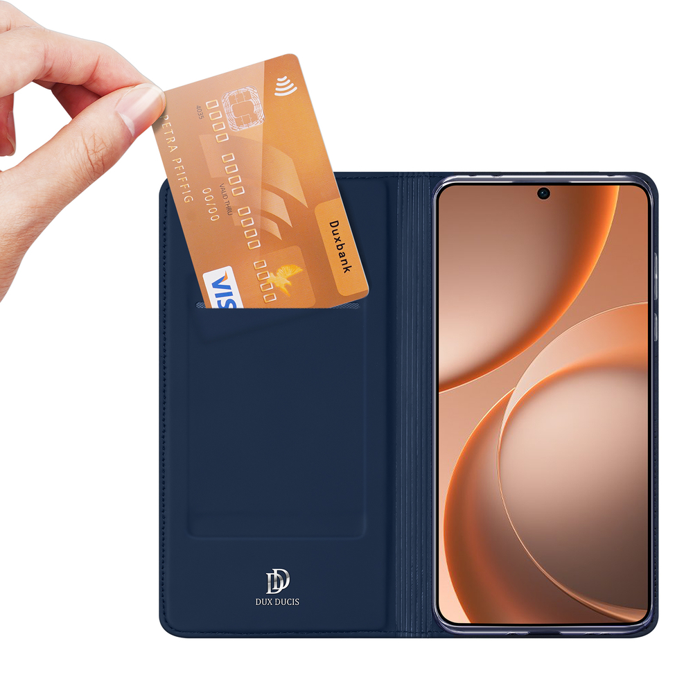 Чехол книжка из кожи синего цвета для OPPO Find X9 и X9s, серия Skin Pro Series от Dux Ducis