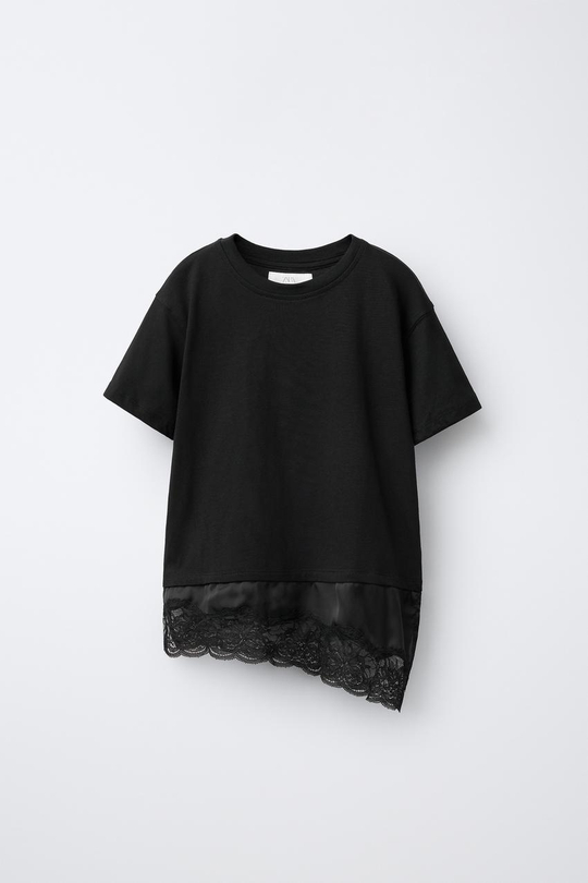 ZARA КОМБИНИРОВАННАЯ ФУТБОЛКА С КРУЖЕВОМ, ЧЕРНЫЙ