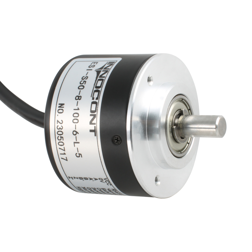 Инкрементальный энкодер INNOCONT ESI-S50-8-2000-3-T-24 D=50мм, выступающий вал 8мм, 2000 имп/об, 24VDC, выход HTL, IP54, -20…+80°C, аксиальный кабель 2м