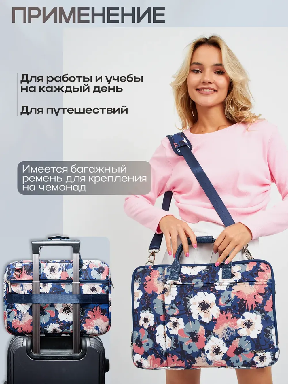 Сумка для ноутбука 15,6" и 17" с ремнем на плечо c функциональным дополнительным отделением (Цветы)