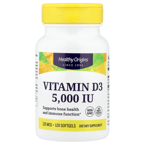 Healthy Origins, витамин D3, 125 мкг (5000 МЕ), 120 мягких таблеток