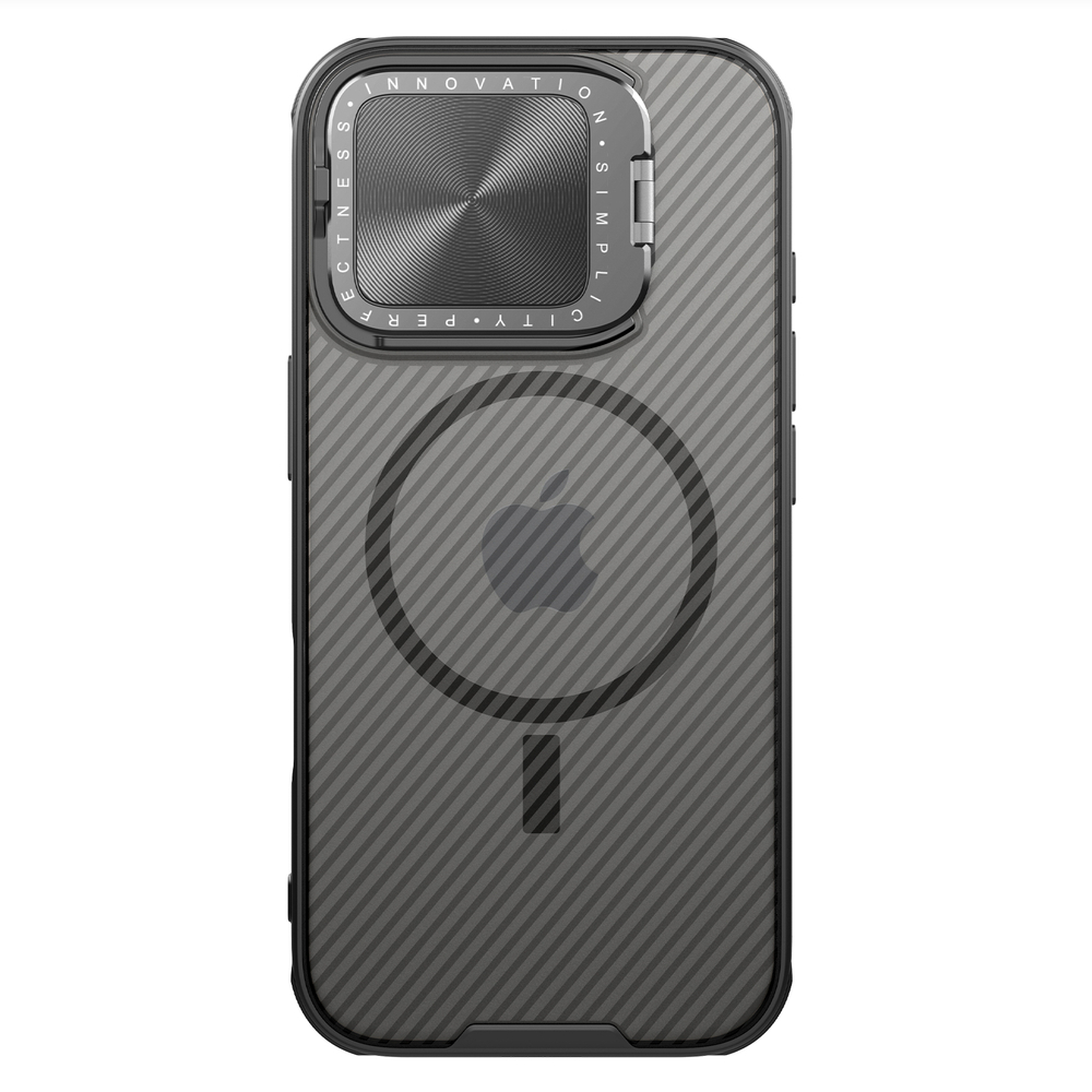 Чехол прозрачный тонированный (Transparent Black) от Nillkin с металлической крышкой и MagSafe на iPhone 16 Pro, серия CamShield Prop Magnetic Case