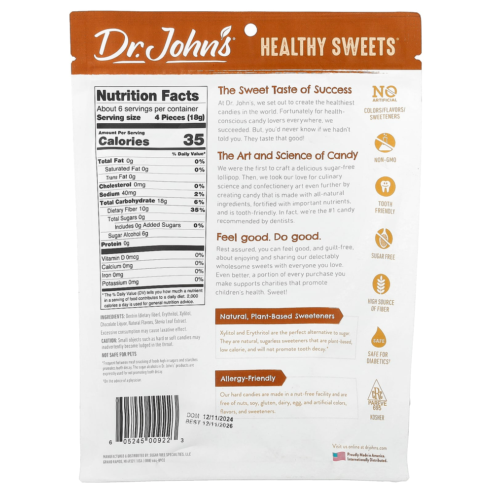 Dr. John's Healthy Sweets, шоколадные конфеты, с клетчаткой, без сахара, 109 г (3,85 унции)