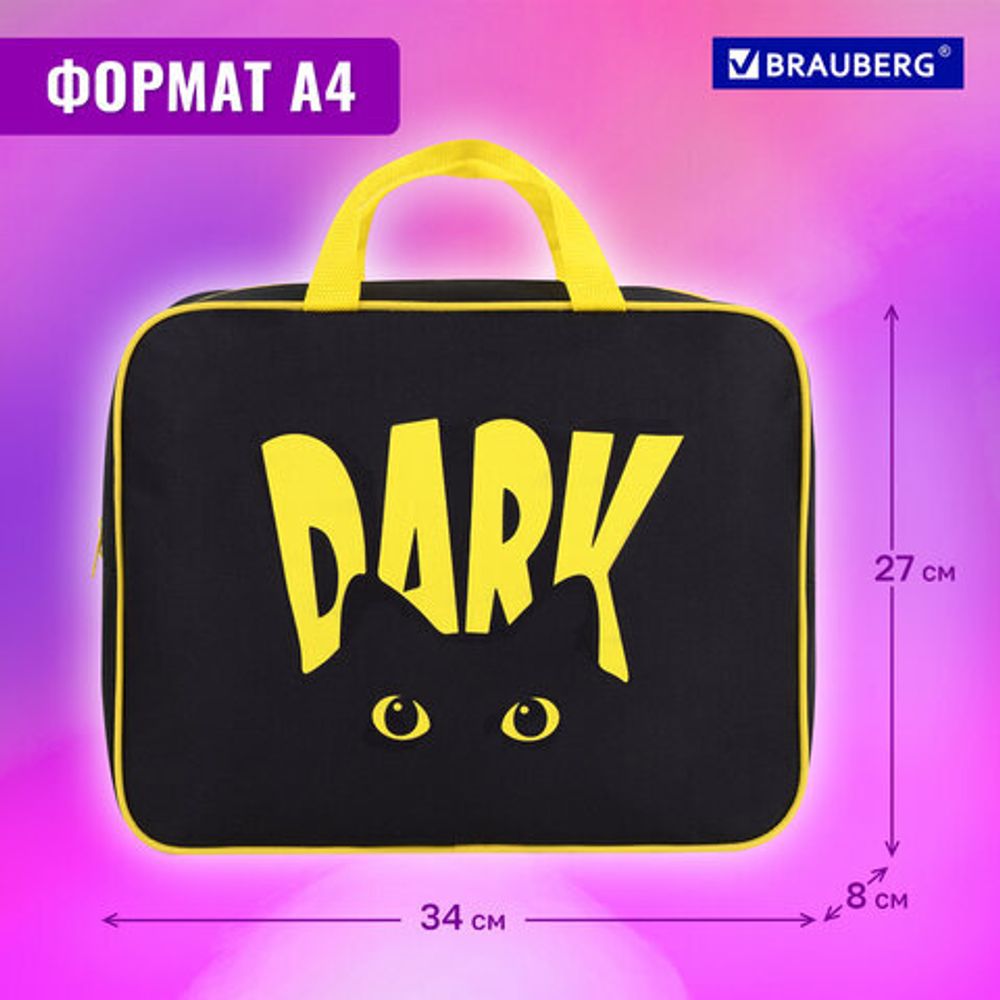 Папка на молнии с ручками BRAUBERG А4, 1 отделение, полиэстер, 80 мм, "Dark cat", 272178
