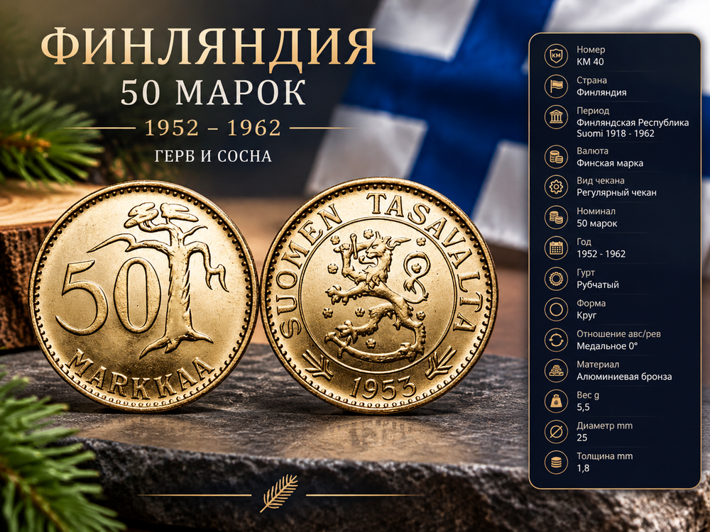 Финляндия 50 марок, 1953 Сосна XF