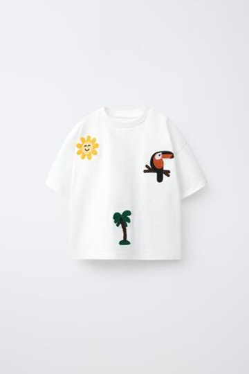 ZARA ФУТБОЛКА С ВЯЗАНЫМИ НАШИВКАМИ, ЖЕЛТОВАТО-БЕЛЫЙ