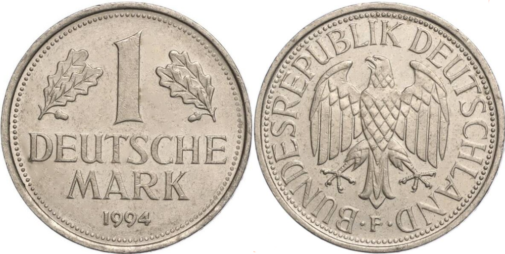 Германия - ФРГ 1 марка, 1994 F Орёл XF