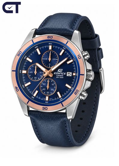 CASIO EFR-526L-2AVUDF EDIFICE мужские наручные часы — хронограф на кожаном ремешке с синим циферблатом