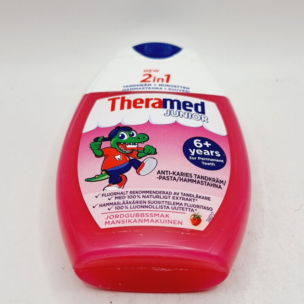 Детская зубная паста и средство для полоскания рта 2 в 1 Theramed Junior с фтором от 6 лет с клубничным вкусом 75 мл (из Финляндии)
