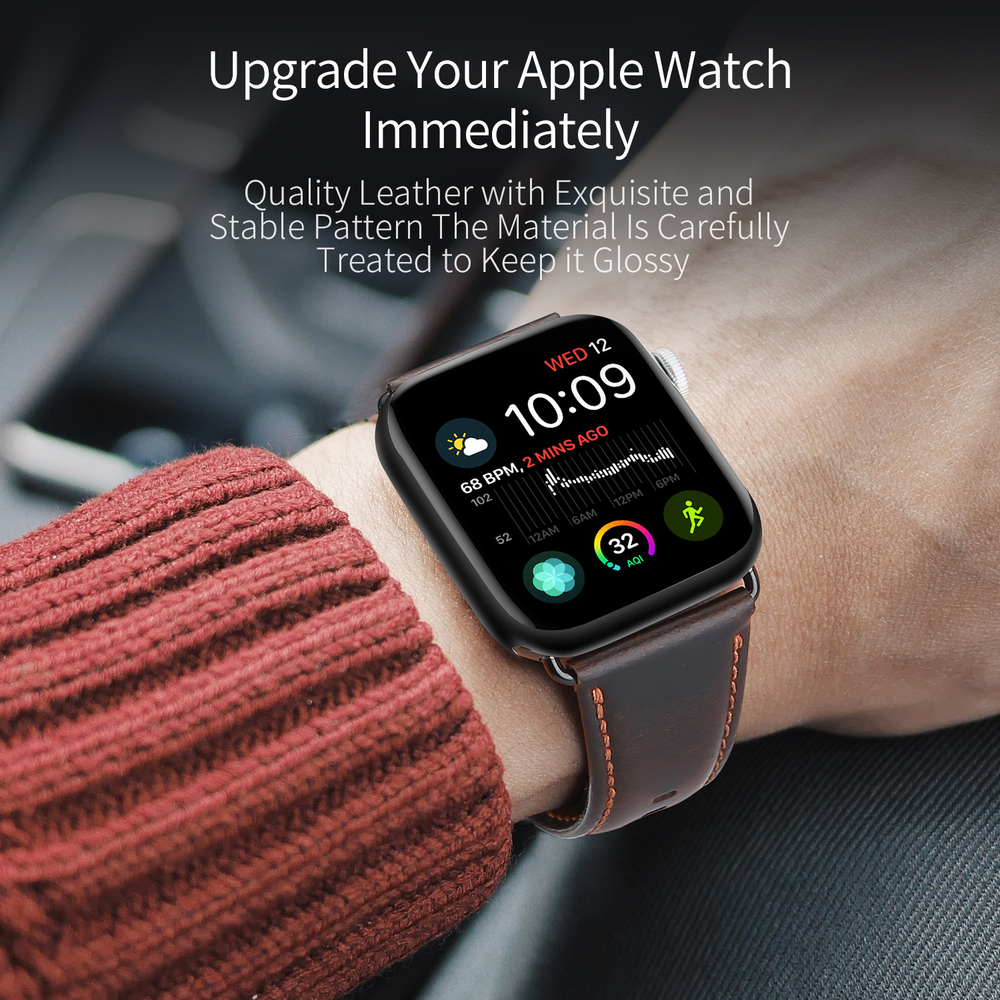 Ремешок из натуральной кожи кофейного цвета от Dux Ducis для смарт часов Apple Watch 42, 44, 45, 46, 49мм, серия Business Series