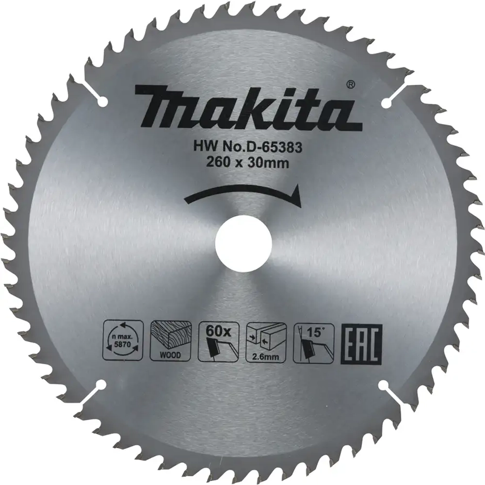Пильный диск для дерева 260x30x2.6/1.8x60T Makita D-65383