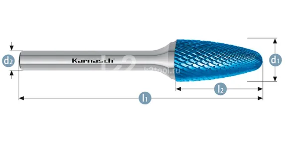 Борфреза твердосплавная Karnasch форма F, 3х8х3х38 мм, насечка HP-4, покрытие Blue-Tec, арт. 11.5052-010