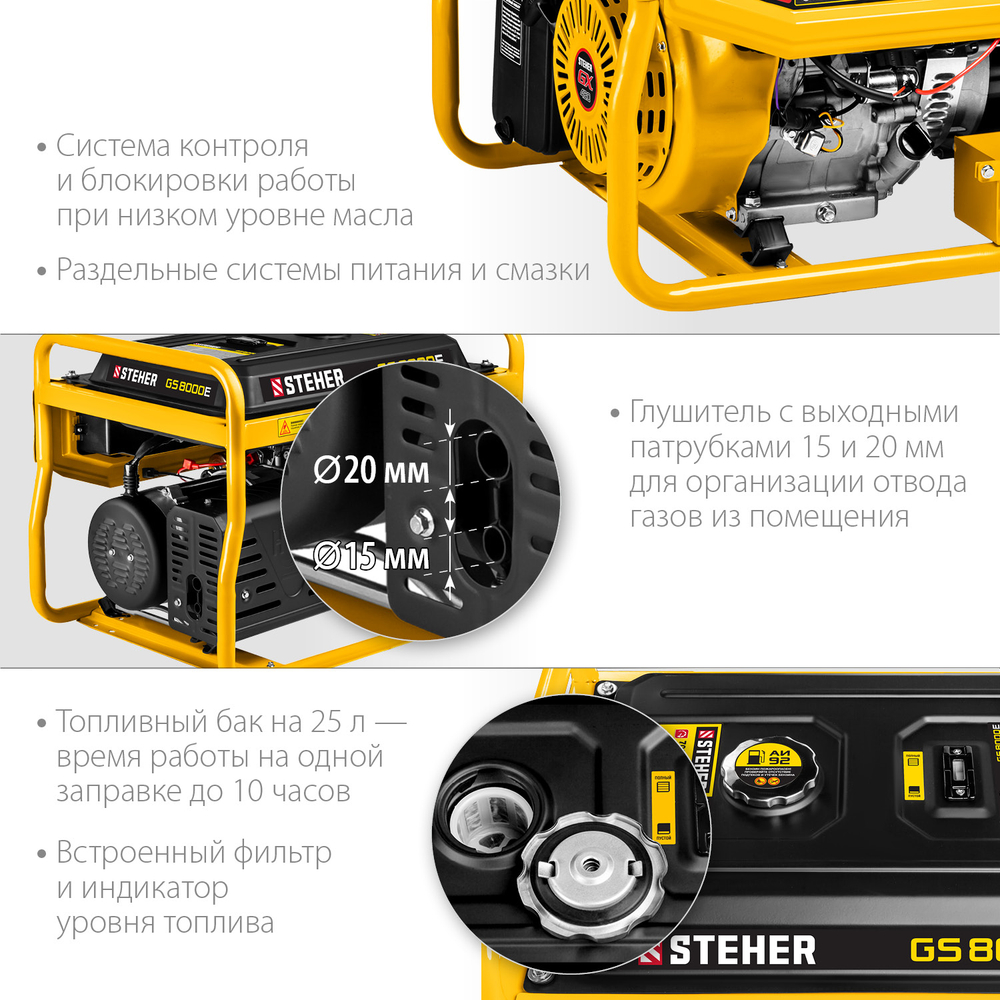 Генератор бензиновый с электростартером 7000 Вт 220В STEHER GS-8000E
