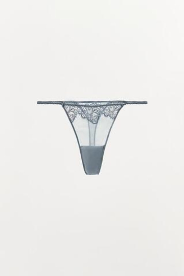 ZARA КРУЖЕВНЫЕ ТРУСЫ-ТАНГА, ГОЛУБОЙ МЕЛАНЖ