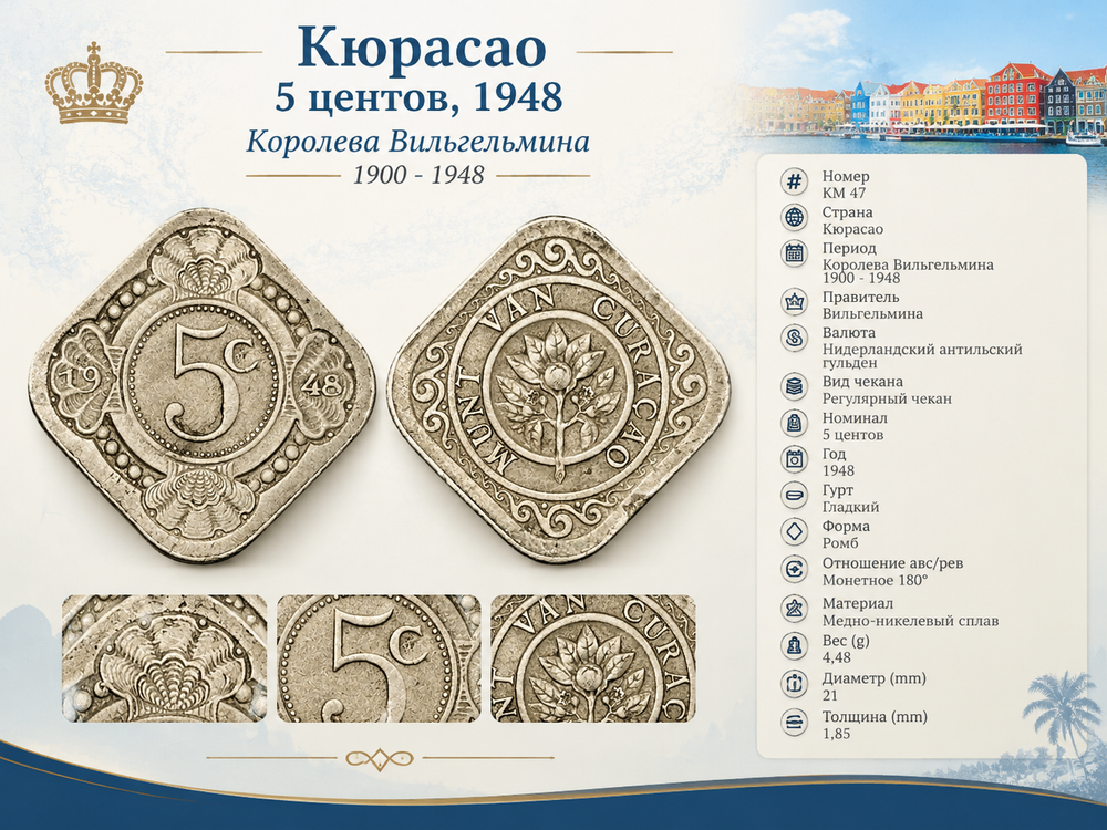 Кюрасао 5 центов, 1948 Королева Вильгельмина VF