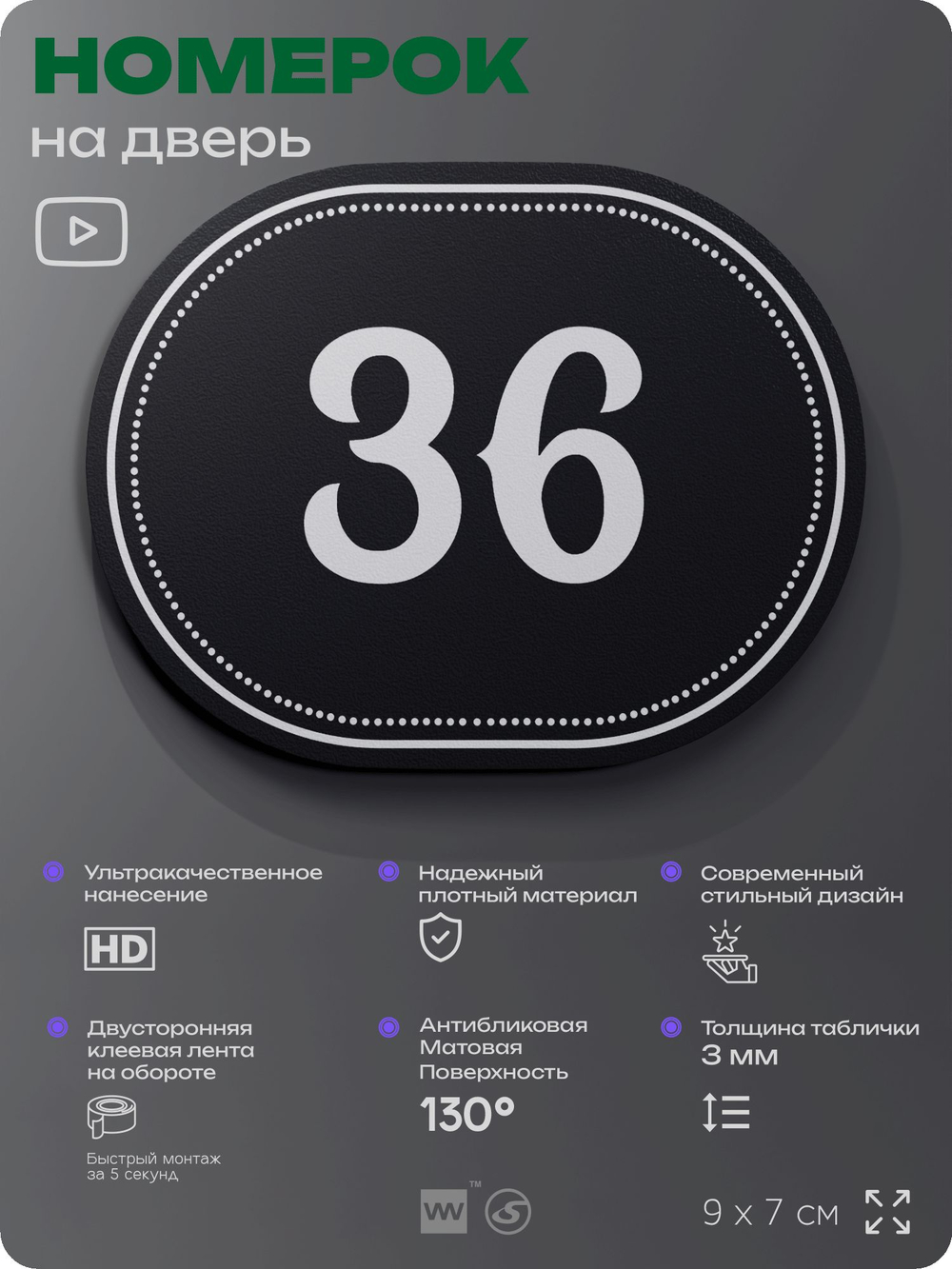 Номерок на дверь квартиры 36, для кабинета, офиса, шильдик 9 х 7 см, черный, Айдентика Технолоджи