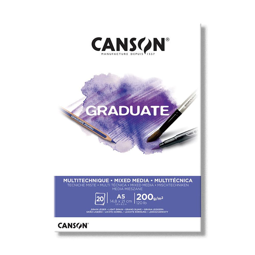 Альбом для смешанных техник Graduate Mix Media 200 г/м², A5 склейка с одной стороны 20 л, белый, Canson C400110376