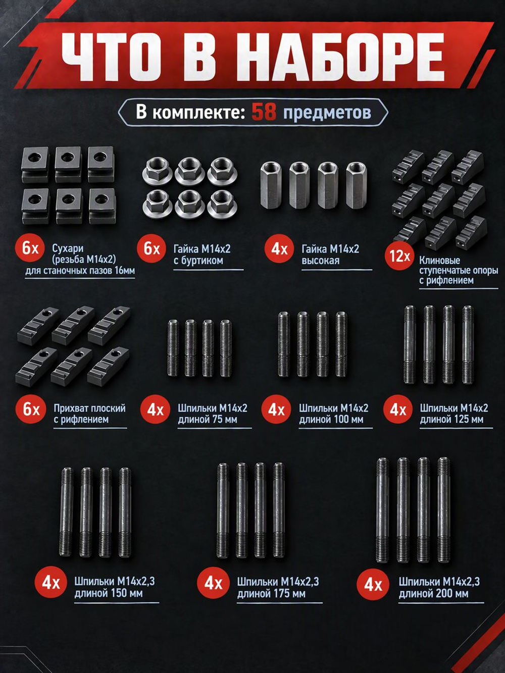 58 клиновых ступенчатых прижимов паз 14мм М12 (YT-0204)