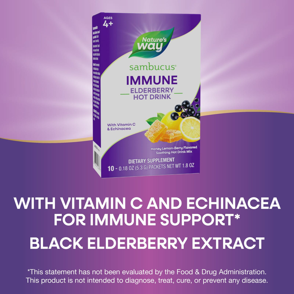 Nature's Way, Sambucus®, смесь для горячих напитков, стандартизированная бузина, мед, лимон и ягоды, 10 пакетиков по 0,18 унции