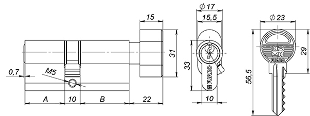 Цилиндровый механизм (100 ZM/70) 1000ZMKnob70(30+10+30) AB бронза 5Key с вертушкой