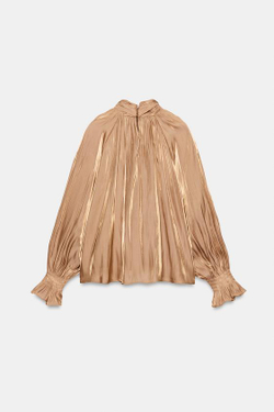 ZARA АТЛАСНАЯ БЛУЗА С БАНТОМ, МЯГКИЙ КАШТАНОВЫЙ