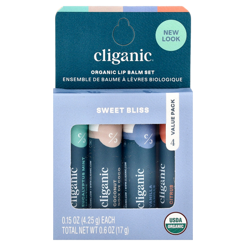 Cliganic, Набор органических бальзамов для губ, Sweet Bliss, 4 шт. В упаковке, по 4,25 г (0,15 унции)