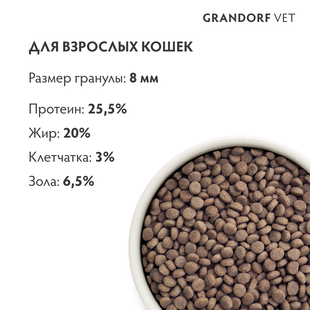 Полнорационный диетический корм для кошек с пищевой аллергией или непереносимостью (GRANDORF VETERINARY DIET Cat HYPOALLERGENIC) 2 кг