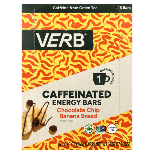 Verb Energy, Caffeinated Energy Bar, Chocolate Chip Banana Bread, 16 Bars, 0.92 oz (26 g) Each